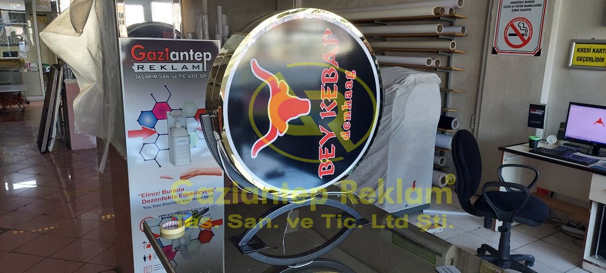 Bey Kebap Işıklı Yuvarlak Fener Tabela Krom Yan Bant